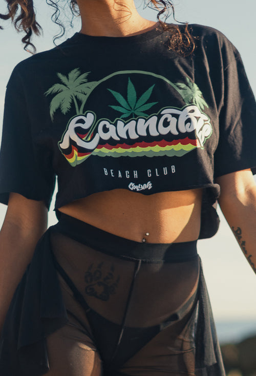 Cooyah Clothing. Cannabis Beach Club women's crop top. Jamaican beachwear clothing. Ringspun, kush, graphic tee