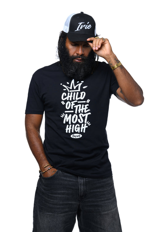Cooyah - Men's black short sleeve graphic tee with Child of the Most High text on the front.  Irie embroidered cap.  We are a Caribbean streetwear clothing brand established in 1987.  