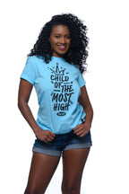 Cooyah Clothing.   Womens child of the most high graphic tee in blue.  Short sleeve, crew neck t-shirt.   