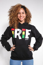 Load image into Gallery viewer, Cooyah Jamaican clothing black hoodie. Irie is printed on the front in reggae colors and love is printed on the sleeves.

