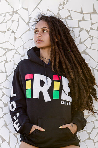 Cooyah Jamaica Irie Hoodie.  Screen printed on a black hoodie with red, yellow, and green reggae graphic.