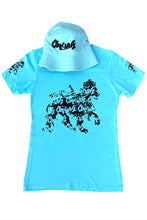 Load image into Gallery viewer, Cooyah Jamaica graphic tee with Rasta Lion. Light blue women&#39;s t-shirt with black lion graphics screen printed on the front and sleeves.
