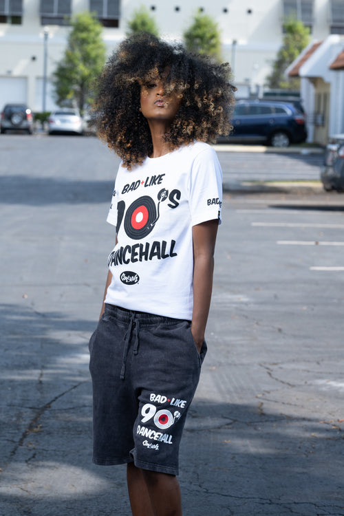 Cooyah Jamaica - Women's Bad Like 90's Dancehall graphic tee in white.  Screen printed on soft, 100% rinspun cotton. 