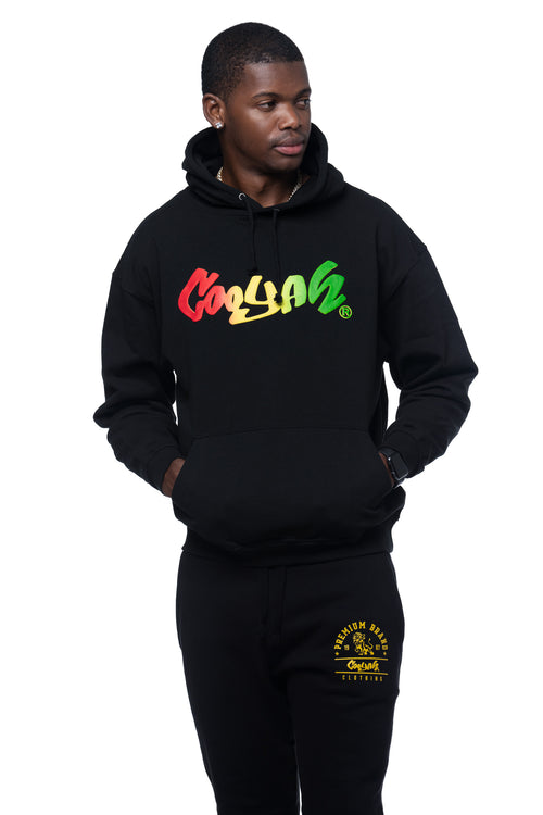 Cooyah Hoodie with puff print in red, gold, and green reggae colors.  We are a Jamaican owned clothing brand established in 1987. 