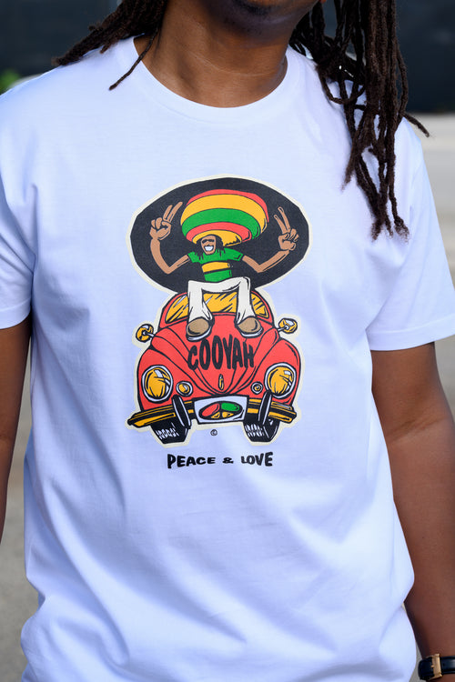 Cooyah Jamaica - Men's white graphic tee with Rasta Man on red Volkswagon beetle car graphic tee. Screen printed in reggae colors.  Peace and Love 