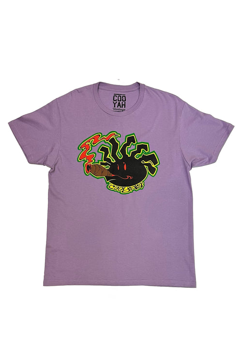 Purple t-shirt with a colorful vintage Cooyah graphic 90's design, rasta dreads cartoon caracter smoking a blunt with reggae colors print.
