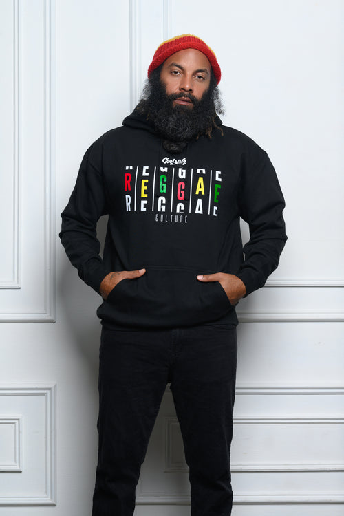 Cooyah men's Reggae Culture hoodies in black.  Screen printed in rasta colors.  We are a Jamaican owned streetwear clothing brand since 1987.