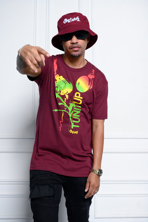 Cooyah Clothing - Men's Tun It Up tee in burgundy with headphones graphic on the front.