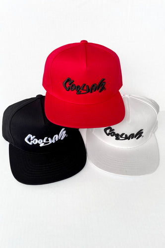 Cooyah Brand Jamaica 5 Panel Embroidered Snapback Hats in red, black, and white.  Jamaican streetwear, dancehall clothing.