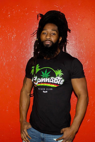 Cooyah Jamaica Cannabis Beach Club short sleeve men's graphic tee.  Ringspun cotton Jamaican streetwear clothing.
