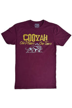 Load image into Gallery viewer, Cooyah Jamaica.  One Dream, One Team, men&#39;s graphic tee in burgundy with metallic gold lettering and white lion print.
