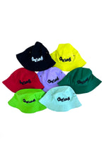 Load image into Gallery viewer, Cooyah Jamaica Embroidered bucket hats in purple, black, lime green, mint, red, and yellow.  Jamaican streetwear, beachwear clothing.
