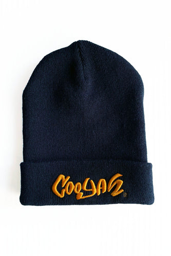 Cooyah Jamaica.  Knit embroidered beanie hat in black.  Jamaican streetwear apparel.