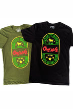 Load image into Gallery viewer, Cooyah Jamaica, short sleeve, crew neck t-shirt with Rasta Ethiopia graphic. Ringspun cotton tee.  Olive green and black with reggae color screen print.
