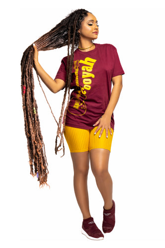 COOYAH Jamaica. Women's relaxed fit Guitar tee in burgundy. Jamaican reggae clothing brand since 1987. IRIE