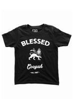 Load image into Gallery viewer, Cooyah Blessed Lion of Judah Kid&#39;s ringpun cotton graphic Tee in black.  Screen printed on soft, 100% ringspun cotton. We are a Jamaican owned clothing company. Established in 1987. IRIE
