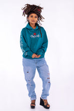 Load image into Gallery viewer, Cooyah Jamaica women&#39;s Embroidered Rose Hoodie in teal. Floral design, Jamaican streetwear clothing.
