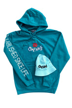 Load image into Gallery viewer, Cooyah Jamaica Rose Embroidered Hoodie in teal.  Jamaican streetwear clothing.

