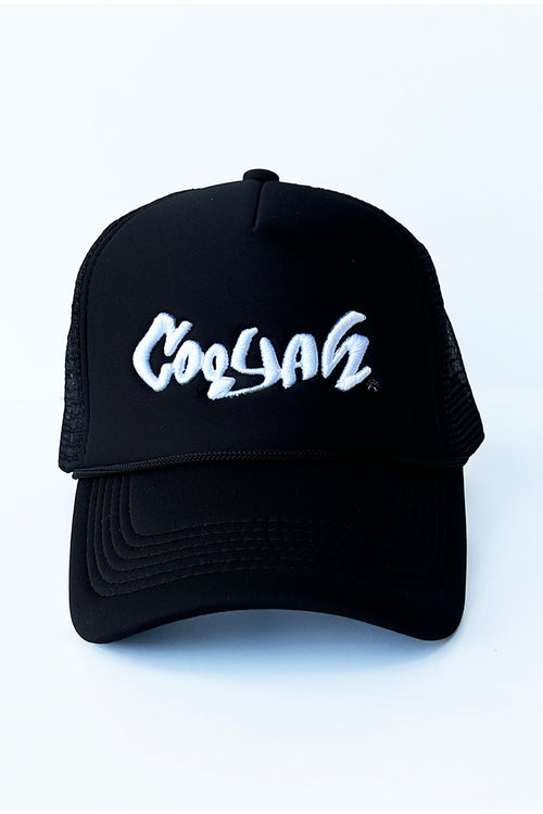 COOYAH Jamaica.   Logo Embroidered Trucker Hat in Black.  As a Jamaican owned clothing brand since 1987, we take pride in bringing you this classic piece. Don't wait, get yours now!