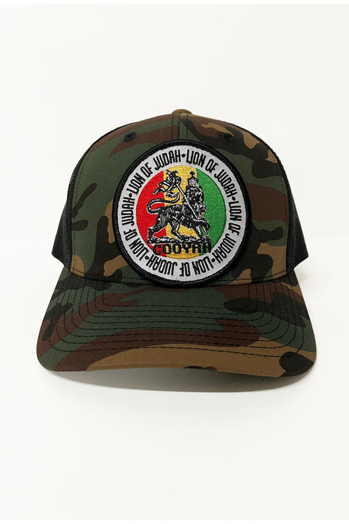 Cooyah Jamaica. Lion of Judah trucker hats in camoflouge.  We are a Jamaican streetwear clothing brand established in 1987.