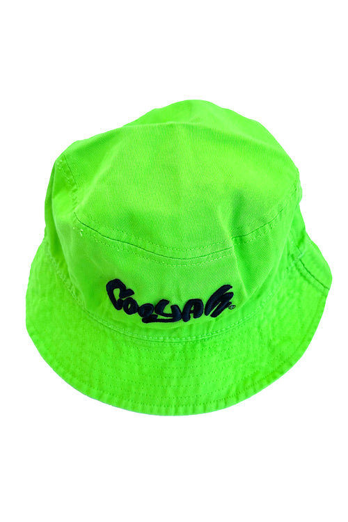 Cooyah lime green bucket hat with embroidered Cooyah logo.  Jamaican streetwear, beachwear clothing.