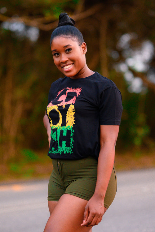 Cooyah Clothing women's graphic Tee Shirt, Ring Spun, Crew Neck in reggae colors. Jamaican clothing brand.