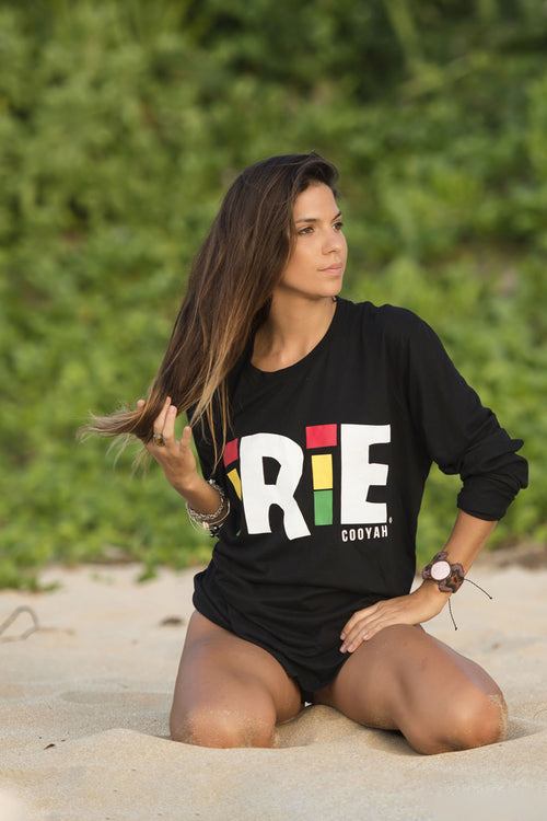 Cooyah Jamaica long sleeve Women's black Tee Shirt, Ring Spun, Crew Neck, Beachwear Reggae Style, IRIE