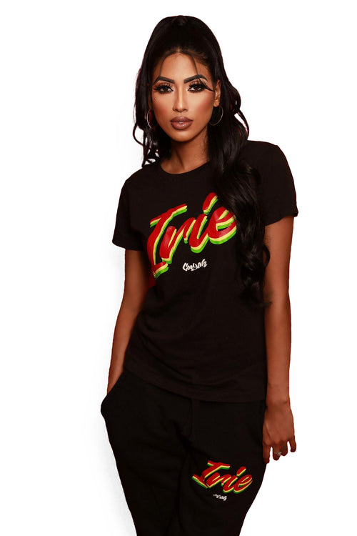 Cooyah Jamaica.  Women's Irie Rasta graphic tee and joggers in reggae colors.