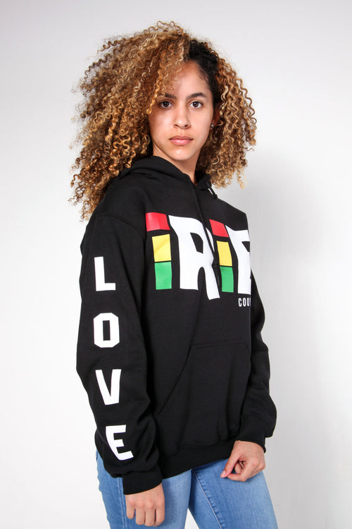 Cooyah Jamaican style black hoodie.  Irie is printed on the front in reggae colors and love is printed on the sleeves.