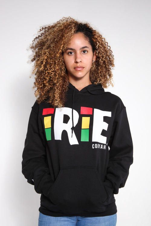 Cooyah reggae style black hoodie. Irie is printed on the front in rasta colors and love is printed on the sleeves.