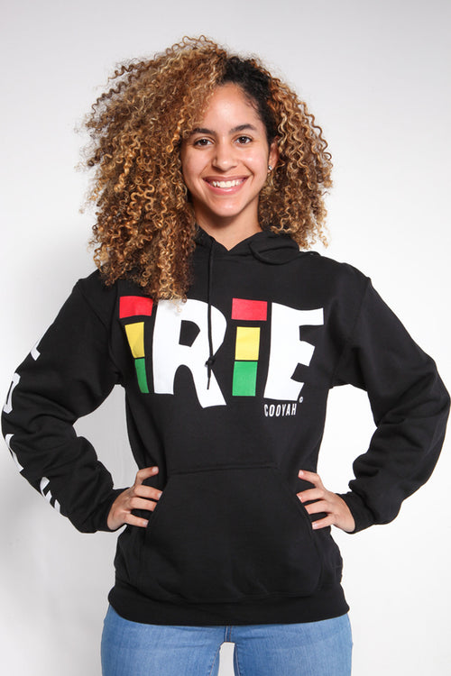 Cooyah Jamaican clothing black hoodie. Irie is printed on the front in reggae colors and love is printed on the sleeves.