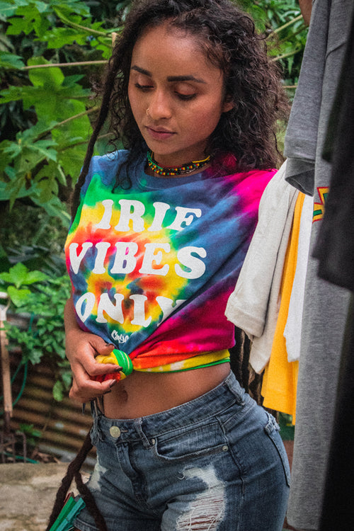 Cooyah Jamaica - short sleeve women's multi-color tie-dye Shirt, Ring Spun Cotton, Crew Neck, Irie Vibes Only.  We are the official reggae clothing brand since 1987.