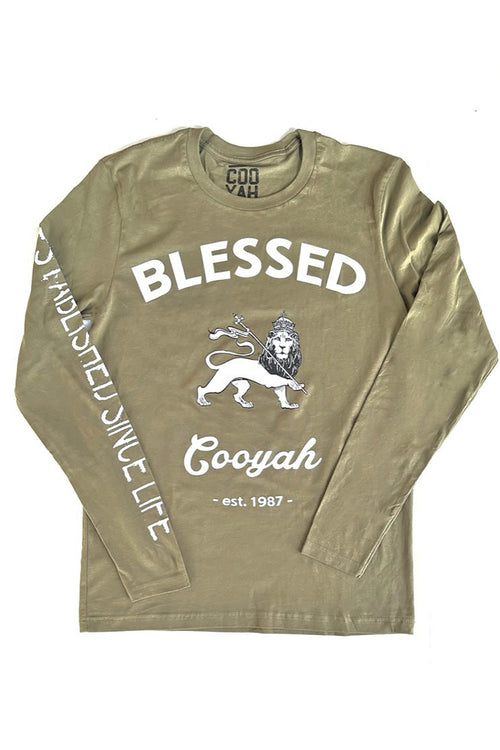 Cooyah Jamaica. Men's Rasta Lion of Judah Long Sleeve crew neck graphic tee with Blessed graphic. Jamaican clothing with Caribbean streetwear style.