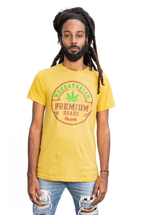 Cooyah Jamaica. Weedatarian High Grade men's reggae graphic tee. Ringspun cotton, short sleeve, rasta cannabis tee. Jamaican clothing brand. IRIE