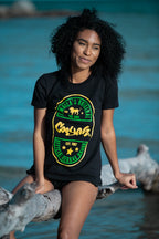 Cooyah Jamaica.  Women's crew neck tee hand-printed in Jamaican colors.  Official reggae brand since 1987.