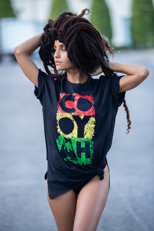 Cooyah Clothing women's graphic Tee Shirt, Ring Spun, Crew Neck in reggae colors. Jamaican clothing brand.