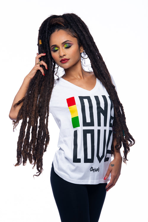 Cooyah Jamaica - Women's One Love v-neck graphic tee.  Screen printed in reggae colors on soft rinspgun cotton.  As a Jamaican owned clothing brand since 1987, we take pride in bringing you this classic shirt. Don't wait, get yours now!