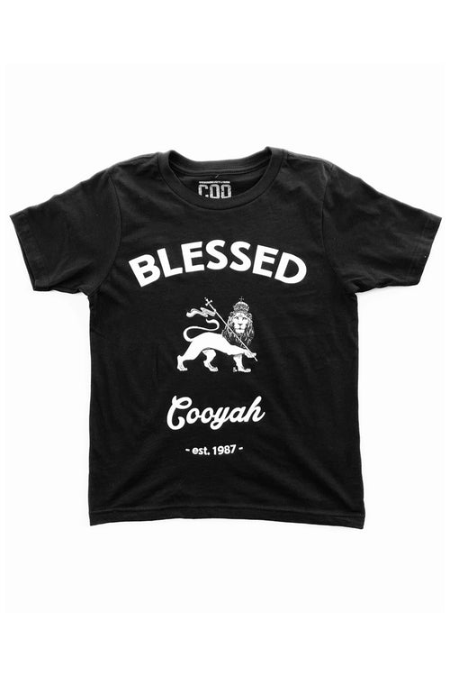 Cooyah Blessed Lion of Judah Kid's ringpun cotton graphic Tee in black.  Screen printed on soft, 100% ringspun cotton. We are a Jamaican owned clothing company. Established in 1987. IRIE