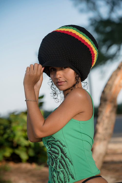 Cooyah Jamaica. Knit Rasta Tam with brim. Jamaican rootswear clothing brand. The perfect hat for dread locks. IRIE