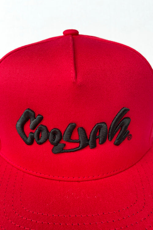 Cooyah Logo cap.  Embroidered 5 panel snapback in red.  Jamaican streetwear style.  