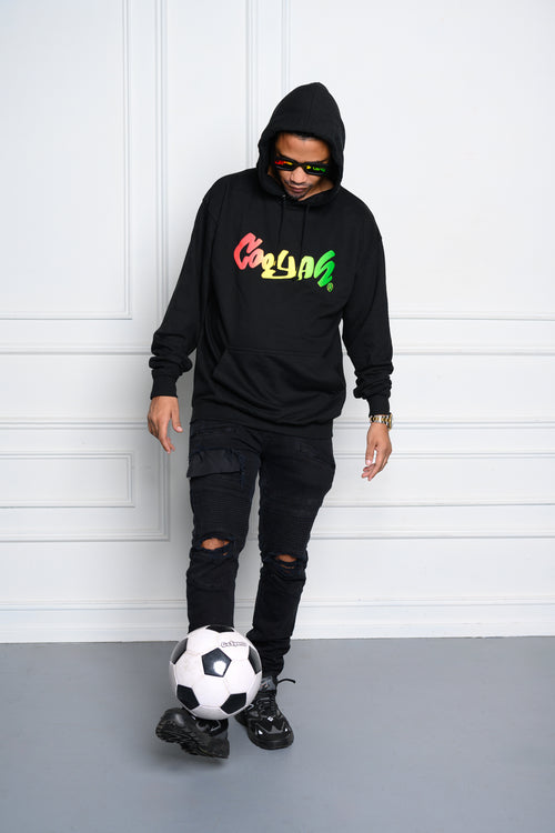 Cooyah Jamaica- Men's Cooyah logo Rasta Puff graphic hoodie.  Soft, warm, and cozy.   Reggae-style fashion.  We are a Jamaican owned clothing brand established in 1987.  IRIE