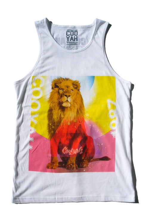 Cooyah Jamaica. Standing Lion Men's Tank Top in white. Jamaican streetwear clothing brand.