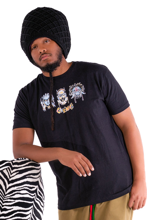 Cooyah Jamaica.  Men's afrocentric Tribal Graphic Tee in black.  Featuring an original hand-drawn African Mask design.  Jamaican clothing brand.