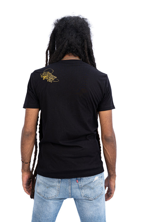 Cooyah Jamaica.  Men's black short sleeve t-shirt.  Soft, ringspun cotton.  Vintage design screen printed on the front and back.  Jamaican streetwear fashion.