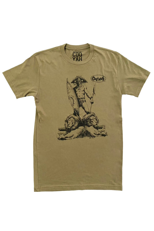 Cooyah Jamaica - Men's African Warrior graphic tee in olive. Short sleeve, soft, ringspun cotton.  As a Jamaican owned clothing brand since 1987, we take pride in bringing you this classic piece. 