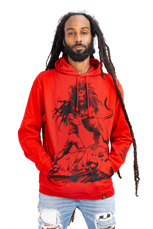 Cooyah rootswear men's rasta hoodie with Dread and Lion graphic. Jamaican streetwear clothing.