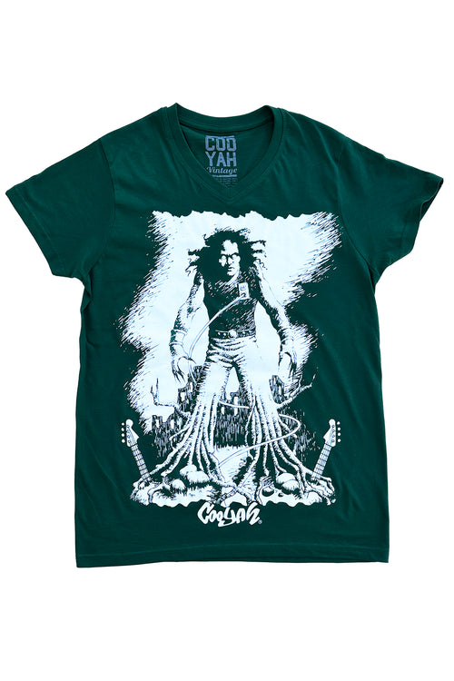 Cooyah Jamaica - Men's Electric Dred short sleeve green graphic tee.  As a Jamaican owned clothing brand since 1987, we take pride in bringing you this classic piece. 