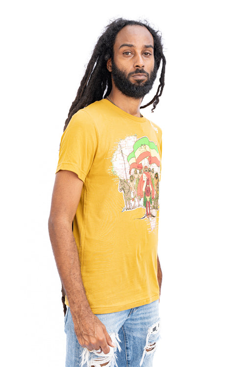    Cooyah Jamaica, Haile Selassie men's short gold sleeve graphic tee with Ethiopian Flag graphic. Jamaican streetwear clothing. Rasta