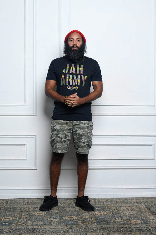 Cooyah Jamaica - Men's Jah Army graphic tee.  Short sleeve shirt screen printed on 100% ringspun cotton.  We are a Jamaican owned reggae clothing brand since 1987.