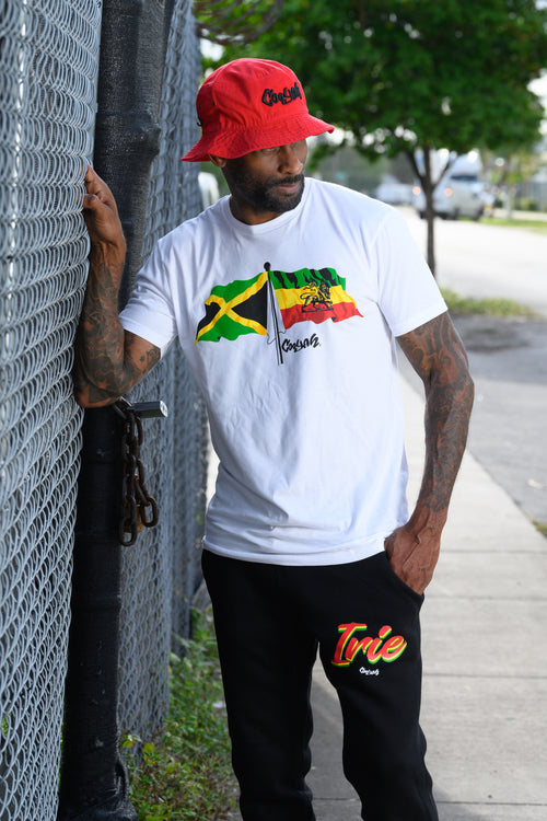 Cooyah Clothing, men's graphic tee with Ethiopian and Jamaican flag screen printed in reggae colors on ringspun cotton. Rasta t-shirt.